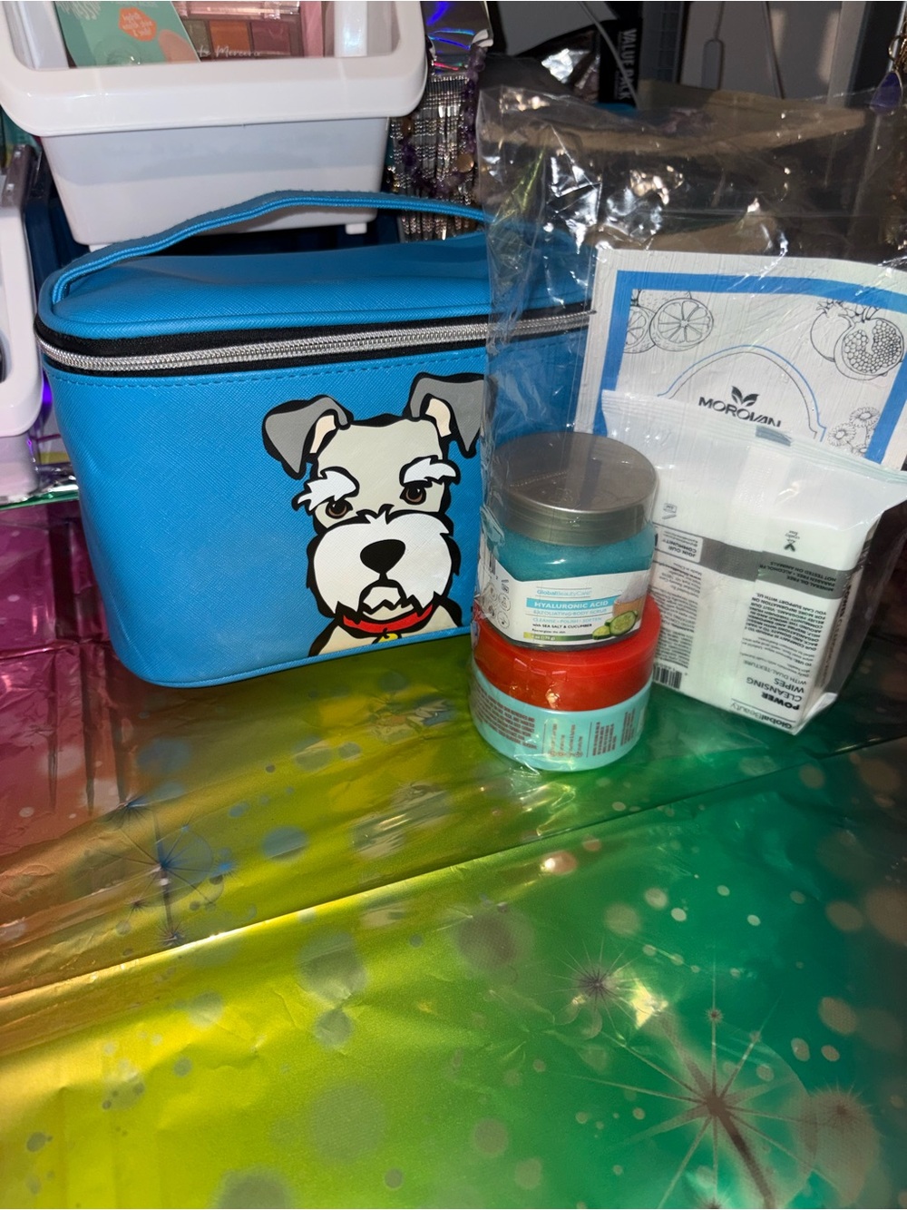 Bright Blue Dog Graphic Cosmetic Train Case with Top Handle
